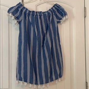 Blue and white off the shoulder dress with tassels